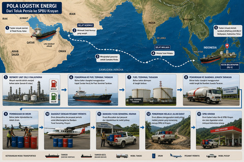 Gambar pola logistik BBM dari Teluk Persia sampai Krayan. Foto: Generated by AI