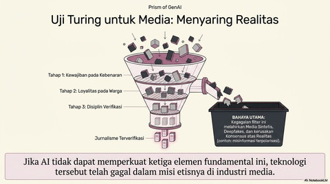 Jika tidak dimitigasi dengan cermat, Generative Artificial Intelligence (Gen AI) bisa menjebak media menjadi industri disinformasi yang memperparah polarisasi. (Sumber: Gambar dibuat menggunakan AI)
