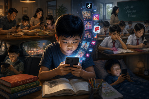 Ilustrasi anak-anak Indonesia yang tumbuh dalam budaya scroll tanpa henti di era konten pendek digital, yang perlahan memengaruhi fokus belajar, interaksi sosial, dan kehidupan sehari-hari mereka. sumber : Generate Gambar ChatGPT