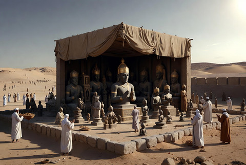 Ilustrasi kabah yang dipenuhi berhala era sebelum Futhuh Makah, dibuat dengan grok