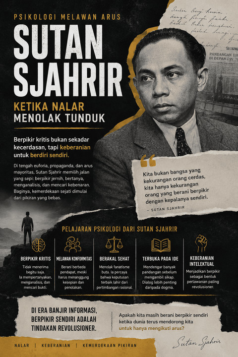 Potret Sutan Sjahrir dengan nuansa hitam-emas yang elegan, menampilkan simbol keberanian intelektual, kebebasan berpikir. Gambar dihasilkan oleh AI Chatgpt