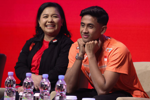 Pebulu tangkis Indonesia Alwi Farhan saat konferensi pers jelang Polytron Indonesia Open 2026 di The Music Place, Fairmont Jakarta, Senin (1/6/2026). Foto: Megapro Communications