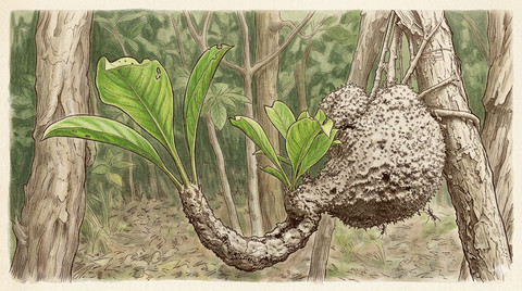 Ilustrasi khasiat sarang semut Papua ilmiah Myrmecodia pendans tanaman obat herbal Papua. Foto: Gemini AI