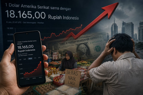 Ilustrasi pelemahan rupiah terhadap dolar AS yang disertai kenaikan harga kebutuhan pokok di pasar tradisional. Fluktuasi nilai tukar menjadi salah satu indikator yang memengaruhi stabilitas ekonomi dan daya beli masyarakat. Foto: Ilustrasi/AI.