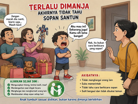 Ilustrasi penegasan bahwa ketika seorang anak terlalu di manja, pada akhirnya si anak akan tidak tahu sopan santun. Foto: Generated by AI