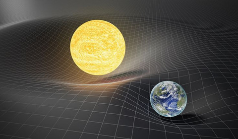 Illustrasi Artistik Perbandingan Medan Einstein Pada Bumi Dan Matahari (Gambar dibuat oleh Nano Banana AI) 