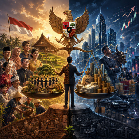 Ilustrasi Ekonomi Pancasila versus Kapitalisme Global. Foto: Generated by AI.