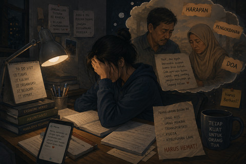 Ilustrasi seorang anak yang terus memikirkan harapan orang tuanya yang harus diwujudkan ( Ilustrasi dibuat oleh AI)