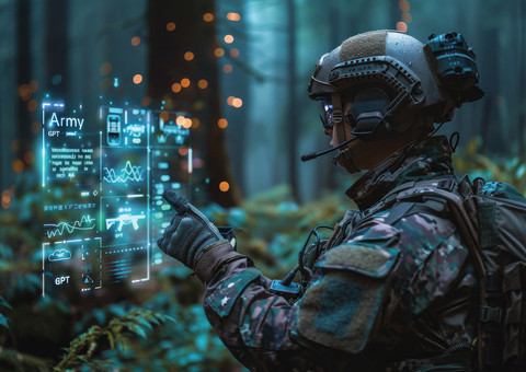 Ilustrasi seorang prajurit menggunakan perangkat genggam untuk memanfaatkan kecerdasan buatan guna analisis data dalam mendukung perencanaan dan pelaksanaan operasi. Gambar AI oleh Gerardo A. Mena Jr., Army University Press.