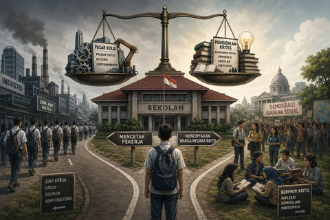 Ilustrasi sekolah: mencetak pekerja atau menciptakan warga negara kritis? Foto: Generated by AI