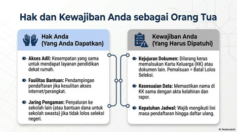 Hak dan kewajiban orang tua/wali murid peserta SPMB diatur untuk memastikan pelaksanaan seleksi berkeadilan dan akuntabel. Foto: Generated by AI (disusun berdasarkan Permendikdasmen 3/2025)