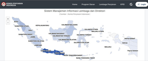 Tampilan dashboard aplikasi SMILED Komisi Penyiaran Indonesia. Jika pengunjung mengarahkan kursor ke salah satu wilayah, akan keluar jumlah lembaga penyiaran di setiap wilayahnya. Foto: Dokumentasi pribadi