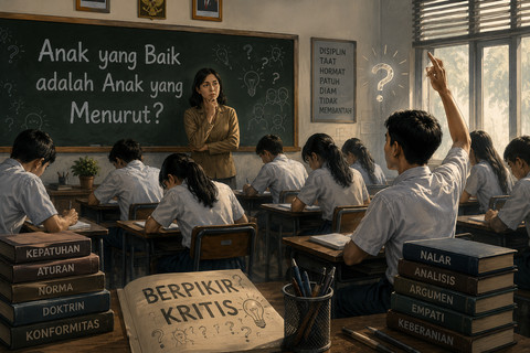 Ilustrasi ruang kelas SMA yang menggambarkan perdebatan antara pendidikan karakter dan berpikir kritis. Generated by AI.
