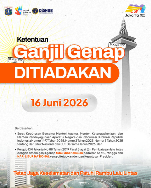 Ganjil Genap ditiadakan pada libur 1 Muharram. Dok: Kadishub DKI.