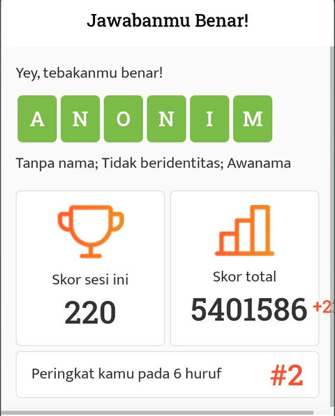 Tangkapan layar hasil gim Tebak Kata, Selasa (16/6/2026) siang. (Foto: Mohamad Jokomono)