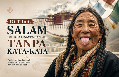 Ilustrasi tradisi menjulurkan lidah sebagai bentuk salam dan tanda kesopanan dalam budaya Tibet. Foto: Generated by AI