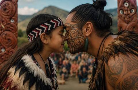 Ilustrasi tradisi hongi, salam khas suku Maori di Selandia Baru yang dilakukan dengan menyentuhkan hidung dan dahi sebagai simbol persaudaraan serta penghormatan. Foto: Generated by AI