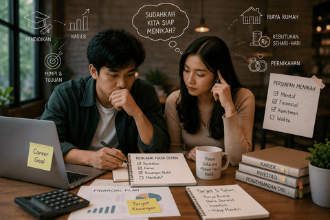 Sebelum melangkah ke jenjang pernikahan, banyak pasangan muda mempertimbangkan pendidikan, karier, kondisi keuangan, dan rencana masa depan mereka. (Ilustrasi: AI Generated)