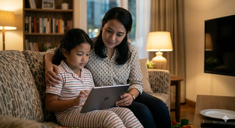 Orang tua mendampingi anak saat mengakses media digital sebagai bentuk pengawasan terhadap tayangan yang dilihat. (Ilustrasi dibuat menggunakan AI).