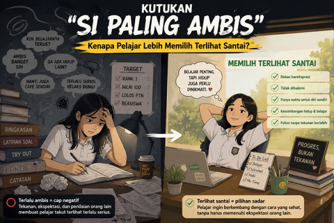 Ilustrasi pelajar yang menghindari cap "si paling ambis". Generated by AI (ChatGPT)