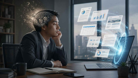 Ilustrasi AI dan berpikir kritis dalam dunia kerja, menggambarkan teknologi yang mempercepat analisis sekaligus pentingnya pemahaman manusia.