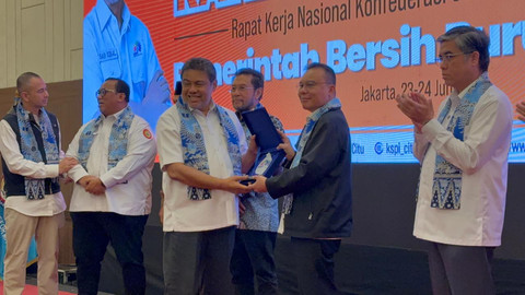 Wakil Ketua DPR RI Sufmi Dasco Ahmad dalam Rakernas KSPI 2026 di kawasan Jakarta Pusat, Selasa (23/6/2026). Foto: Nauval Pratama/kumparan