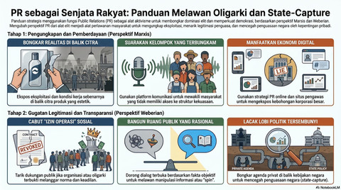 Public Relations memang lahir untuk membangun legitimasi kekuasaan. Namun, di era digital, alat komunikasi yang sama juga dapat digunakan warga untuk menantang dominasi oligarki dan memperkuat demokrasi dari akar rumput. (Sumber: Gambar dibuat dengan menggunakan AI berdasarkan sintesis dari berbagai sumber)