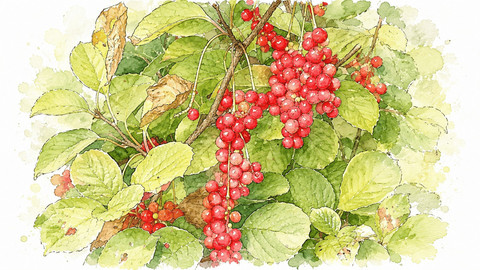 Ilustrasi Schisandra chinensis manfaat buah lima rasa (wu wei zi) untuk hati dan otak. Photo by GPT AI