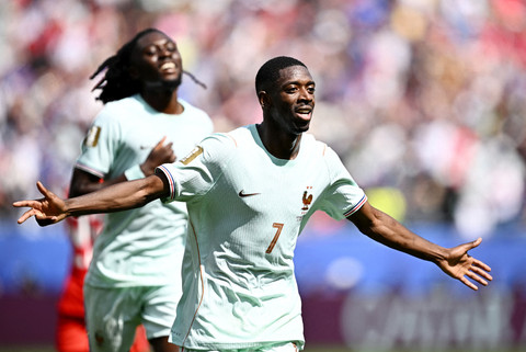 Selebrasi Ousmane Dembele usai mencetak gol ketiga bagi Prancis kontra Norwegia pada laga Grup I Piala Dunia 2026 di Stadion Boston, Foxborough, Massachusetts, Amerika Serikat, Jumat (26/6/2026). Foto: Dylan Martinez/REUTERS
