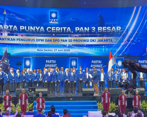 Pelantikan pengurus Dewan Pimpinan Wilayah (DPW) PAN DKI Jakarta beserta jajaran Dewan Pimpinan Daerah (DPD) PAN se-DKI Jakarta periode 2024-2029 di Balai Sarbini, Jakarta, Sabtu (27/6/2026). Foto: Jeni Ritanti/kumparan