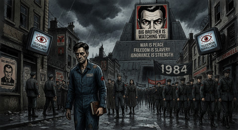 Ilustrasi AI yang menggambarkan atmosfer pengawasan dan kontrol narasi yang terinspirasi dari novel Nineteen Eighty-Four karya George Orwell. (Ilustrasi dibuat menggunakan ChatGPT Image Generation berdasarkan konsep penulis)