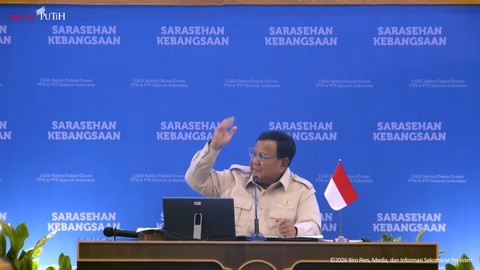 Presiden Prabowo Subianto memberikan sambutan penutupan Sarasehan Kebangsaan di JCC, Senayan, Jakarta, Minggu (28/6/2026). Foto: YouTube/ Sekretariat Presiden