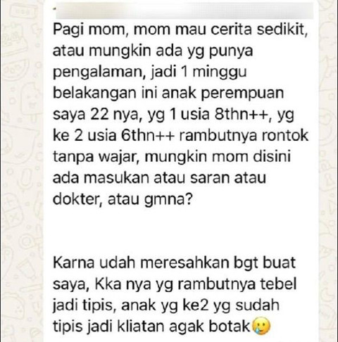 Curhat ibu soal rambut anaknya yang rontok. Foto: Pribadi. 