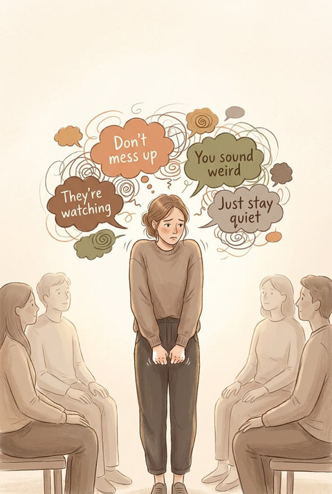 ilustrasi seorang introvert yang sedang mencoba berekspresi didepan banyak orang Sumber: https://id.pinterest.com/pin/233694668161922193/