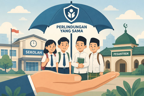 Ilustrasi siswa sekolah dan santri pesantren yang dinaungi payung perlindungan yang sama. (Ilustrasi dibuat oleh AI)