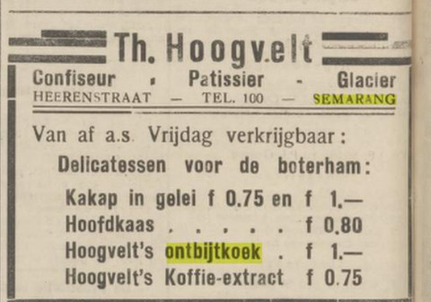 Iklan roti Ontbijtkoek Advertentie. "Algemeen handelsblad voor Nederlandsch-Indië". Semarang, 13-09-1927, p. 4. Geraadpleegd op Delpher op 30-06-2026, https://resolver.kb.nl/resolve?urn=MMKB19:000434010:mpeg21:p00004