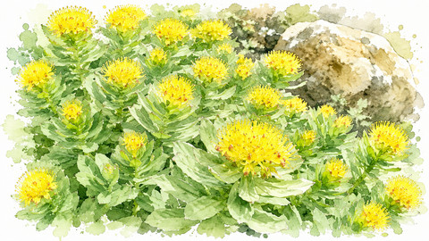 Ilustrasi rhodiola rosea manfaat kesehatan herbal Arktik adaptogen stres Soviet.Photo by GPT AI