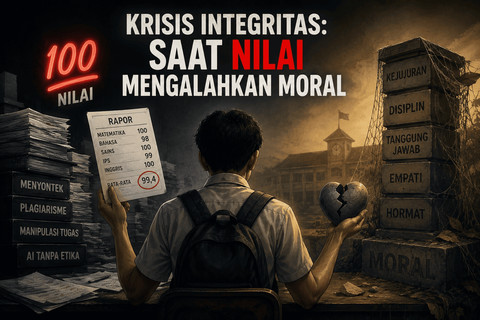 Ilustrasi krisis integritas dalam dunia pendidikan yang menunjukkan dominasi orientasi nilai akademik dibandingkan pembentukan karakter dan kejujuran. (Sumber: Dokumen Pribadi)
