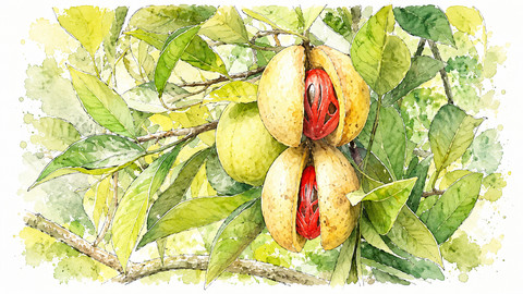 Ilustrasi buah pala Maluku manfaat daging buah perikarp Myristica fragrans.Photo by GPT AI