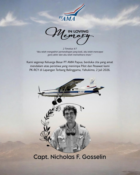 Informasi yang diinfokan oleh PT AMA terkait meninggalnya Pilot Capt. Nicholas F. Gosselin. Foto: Instagram/ @amapapua
