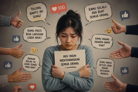 Ilustrasi seseorang yang mengalami people pleasing, kesulitan mengatakan "tidak", serta berusaha menyenangkan semua orang. Foto: 