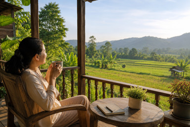 Seorang guru menikmati secangkir teh di teras rumah sambil menyaksikan matahari terbit  (unsplash) 