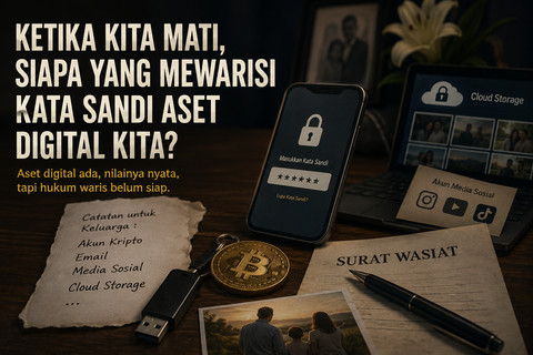 Ilustrasi warisan aset digital: ponsel terkunci kata sandi, koin kripto, flashdisk, dan surat wasiat di atas meja kerja. Sumber: AI-generated