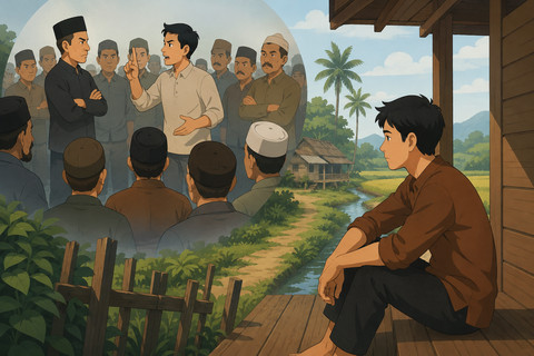 Ilustrasi dibuat sendiri menggunakan Canva, menggambarkan pergulatan batin seorang pemimpin desa yang mempertahankan toleransi di tengah penolakan masyarakat.