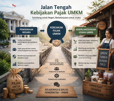ilustrasi: lustrasi timbangan yang menyeimbangkan dokumen pajak di satu sisi dan produk usaha kecil di sisi lain (sumber:chatgpt.com)