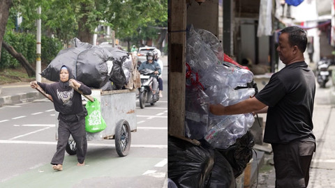 Berkah sampah galon Le Minerale bagi para pemulung di Jakarta. Seorang pemulung, Puji (kiri), memulung sampah galon untuk dijual dan Prayogo (kanan), pengepul kecil, mengumpulkan sampah galon untuk dijual ke pengepul besar. Foto: dok. kumparan video