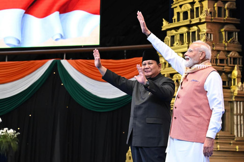 Presiden Republik Indonesia, Prabowo Subianto bersama PM India Narendra Modi saat menghadiri acara Indian Community Reception yang digelar di Jakarta International Convention Center (JICC), pada Selasa, (7/7/2026). Foto: Cahyo - Biro Pers Sekretariat Presiden
