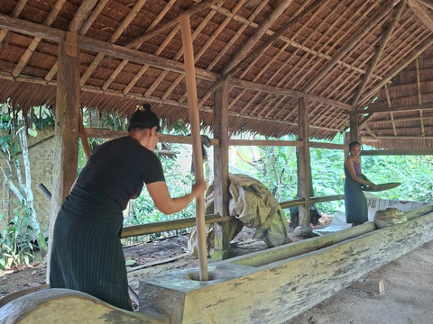 Rempugan Nutu: Menumbuk padi oleh masyarakat perempuan Baduy dengan menggunakan lisung sebagai cerminan masyarakat Baduy mempertahankan kearifan leluhur dalam mengolah hasil panen. Sumber: Dokumentasi Penulis melalui Wisata Saba Budaya Baduy