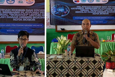 Narasumber dan Dosen dari Program Studi Teknik Informatika Jurusan Teknik Informatika dan Komputer  PNJ menyampaikan konsep dasar koding dan KA kepada guru. Foto: Dok. Istimewa