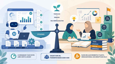 Ilustrasi AI dan pekerjaan junior di perusahaan yang menunjukkan keseimbangan antara efisiensi teknologi dan proses pembelajaran. Gambar dibuat menggunakan AI generatif oleh ChatGPT/DALL·E, 2026.